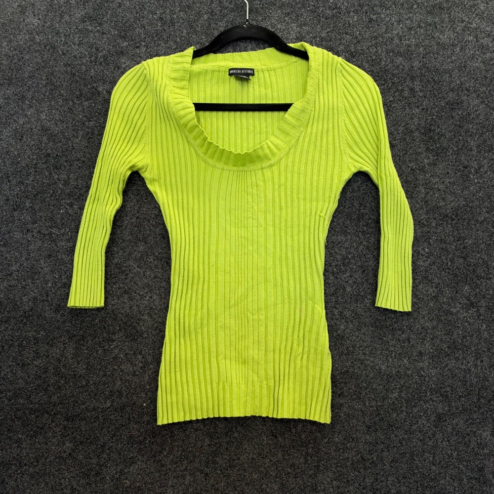 Vintage American Attitudes Lime Green Ribbed Scoop Neck Sweater M 3/4 Sleeve
